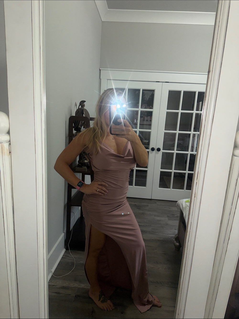 Satin Cowl Neck High-Low Maxi Dress in Dusty Rose